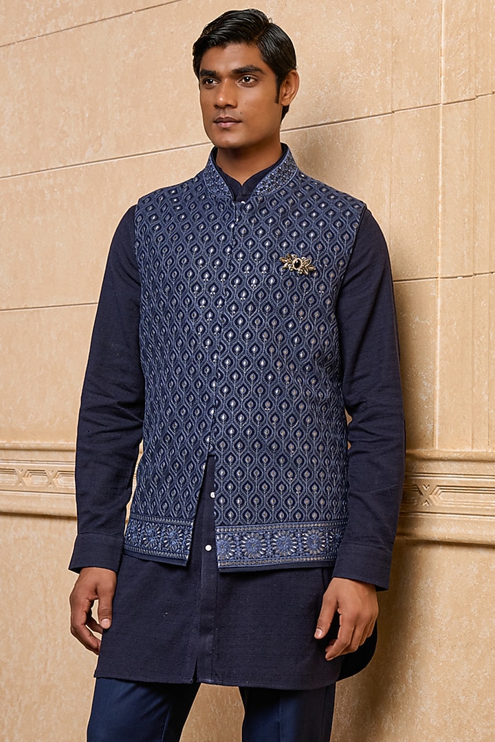 Navy Viscose Bundi Jacket Set by TASVA at Pernia's Pop Up Shop