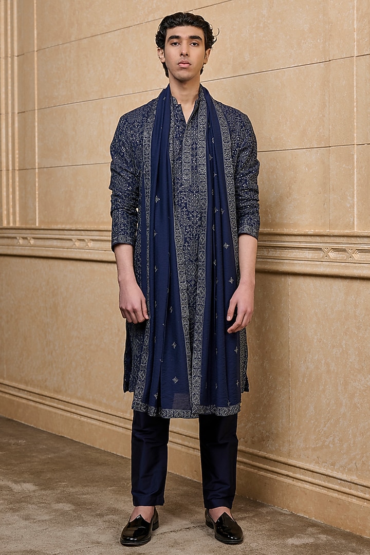 Navy Viscose & Nylon Embroidered Kurta Set by TASVA at Pernia's Pop Up Shop