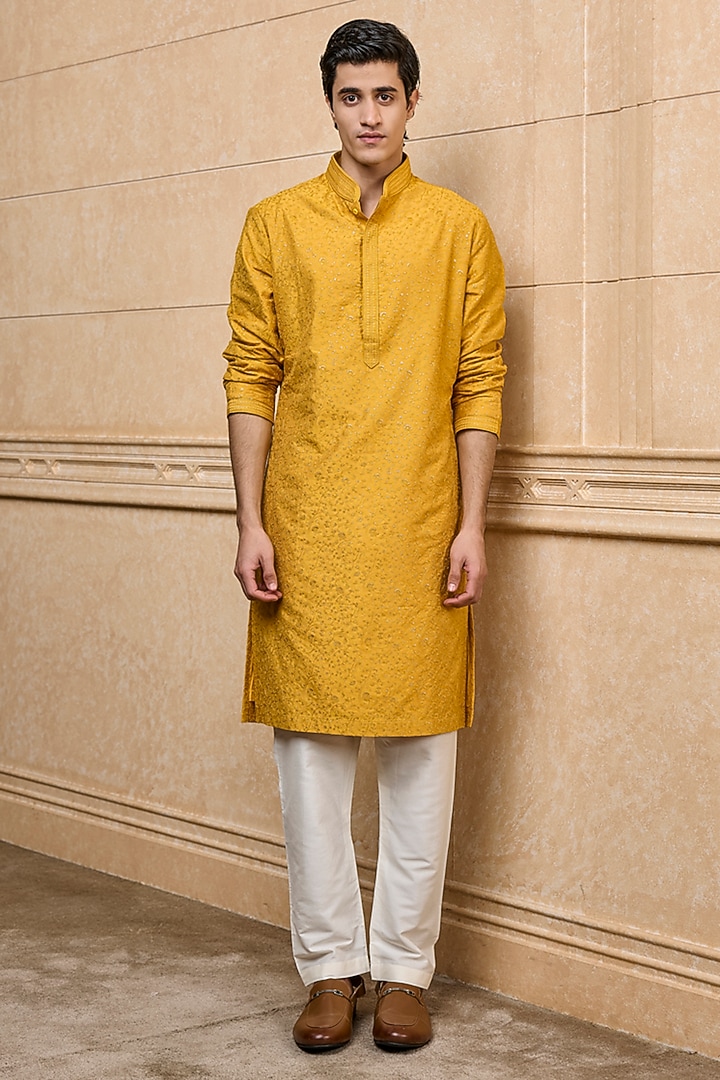 Ochre Yellow Polyester Embroidered Kurta Set by TASVA at Pernia's Pop Up Shop