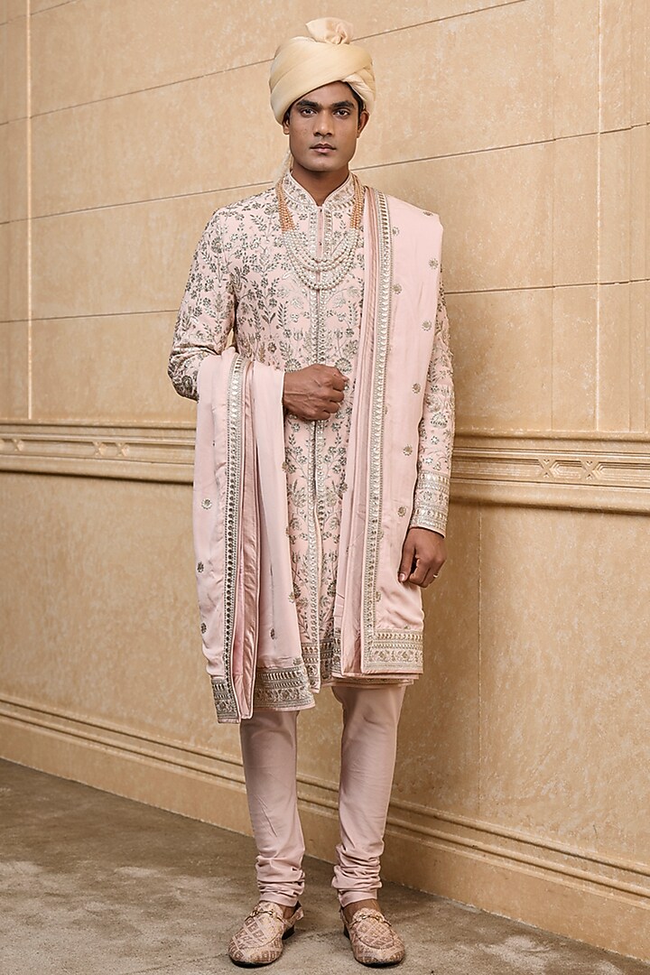 Pink Viscose Embroidered Groom Sherwani Set by TASVA at Pernia's Pop Up Shop