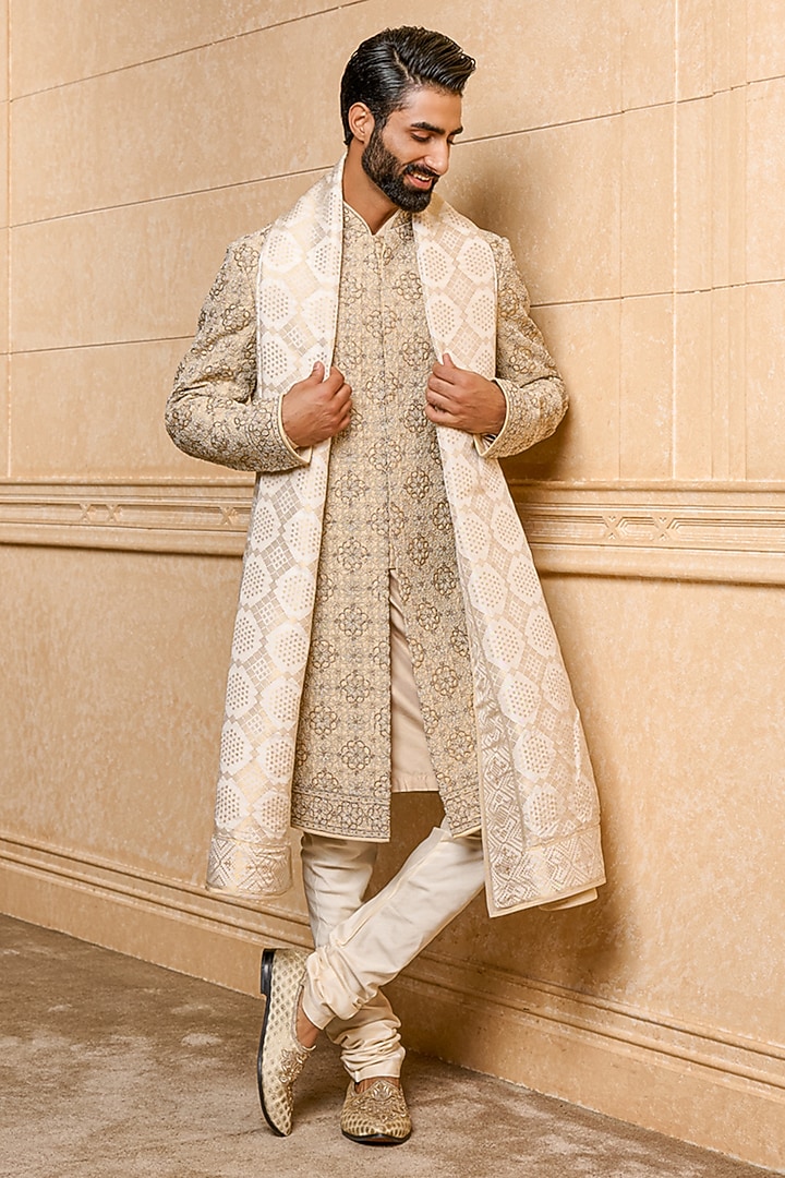Gold Viscose & Polyester Embroidered Groom Sherwani Set by TASVA at Pernia's Pop Up Shop