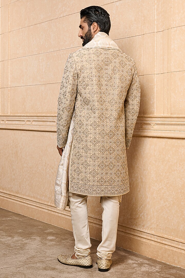 Gold Viscose & Polyester Embroidered Groom Sherwani Set by TASVA at Pernia's Pop Up Shop