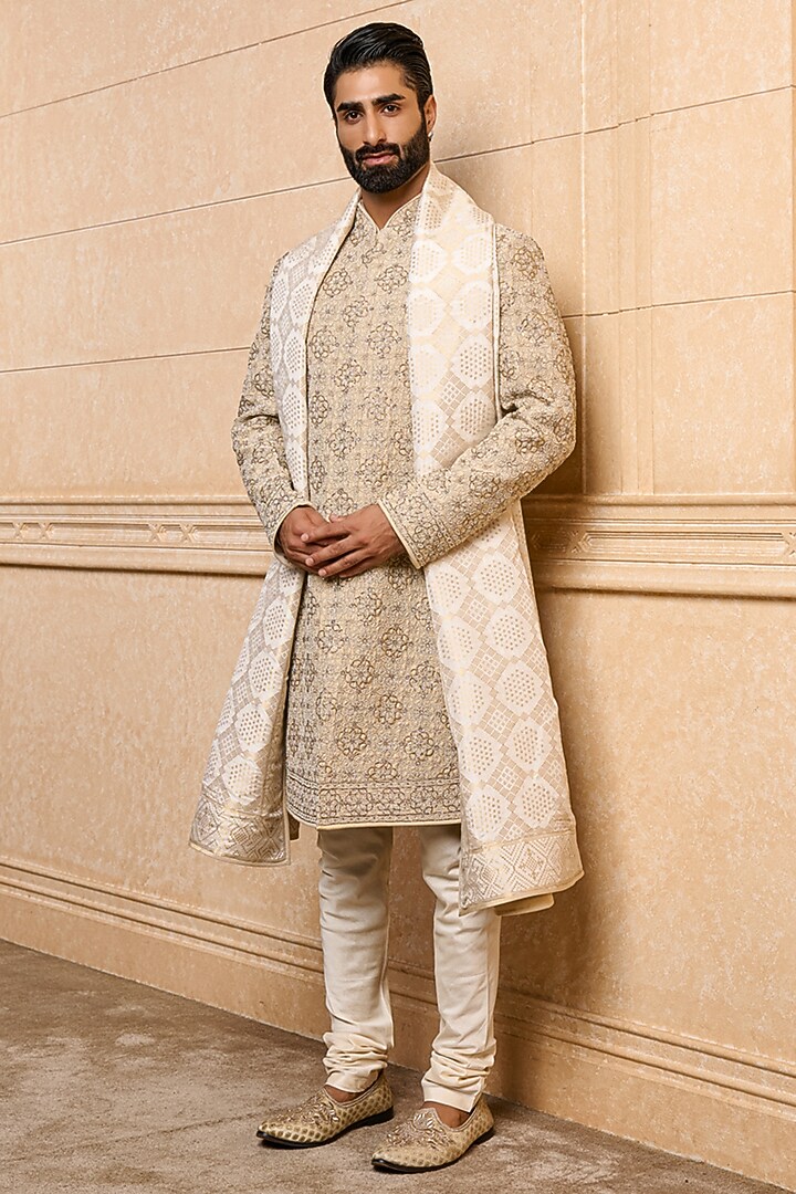Gold Viscose & Polyester Embroidered Groom Sherwani Set by TASVA at Pernia's Pop Up Shop