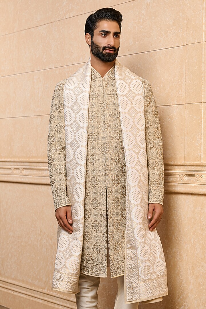 Gold Viscose & Polyester Embroidered Groom Sherwani Set by TASVA at Pernia's Pop Up Shop