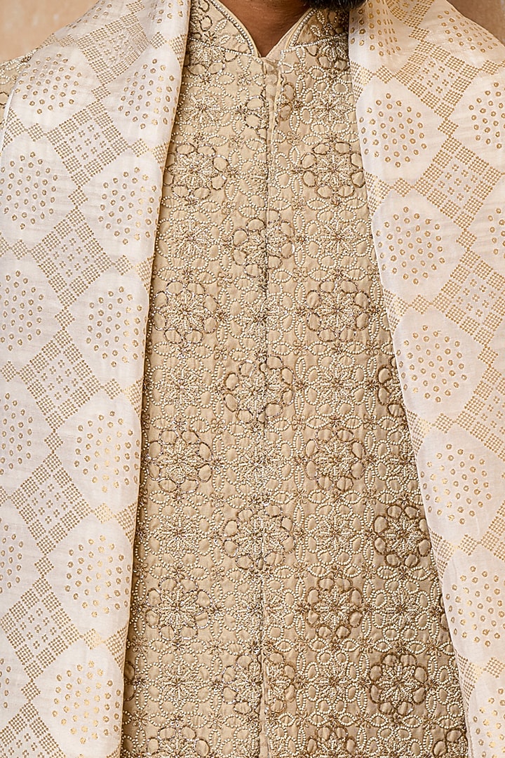 Gold Viscose & Polyester Embroidered Groom Sherwani Set by TASVA at Pernia's Pop Up Shop
