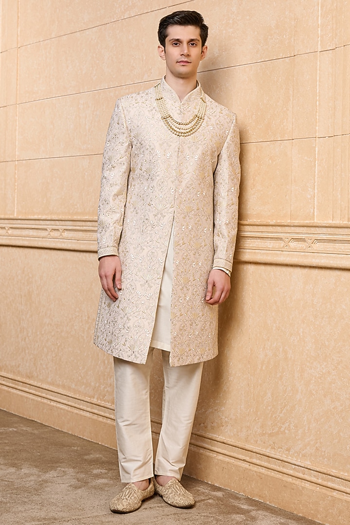 Gold Polyester Viscose Blend Embroidered Wedding Sherwani Set by TASVA at Pernia's Pop Up Shop