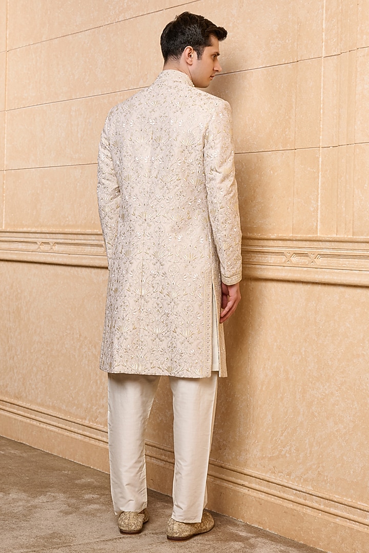 Gold Polyester Viscose Blend Embroidered Wedding Sherwani Set by TASVA at Pernia's Pop Up Shop