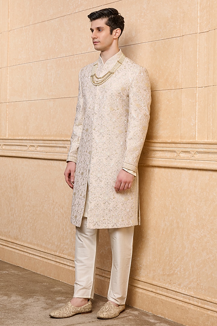 Gold Polyester Viscose Blend Embroidered Wedding Sherwani Set by TASVA at Pernia's Pop Up Shop