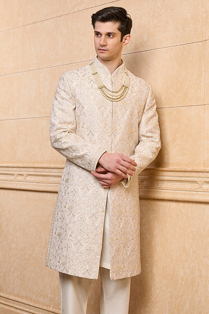 Gold Polyester Viscose Blend Embroidered Wedding Sherwani Set by TASVA at Pernia's Pop Up Shop
