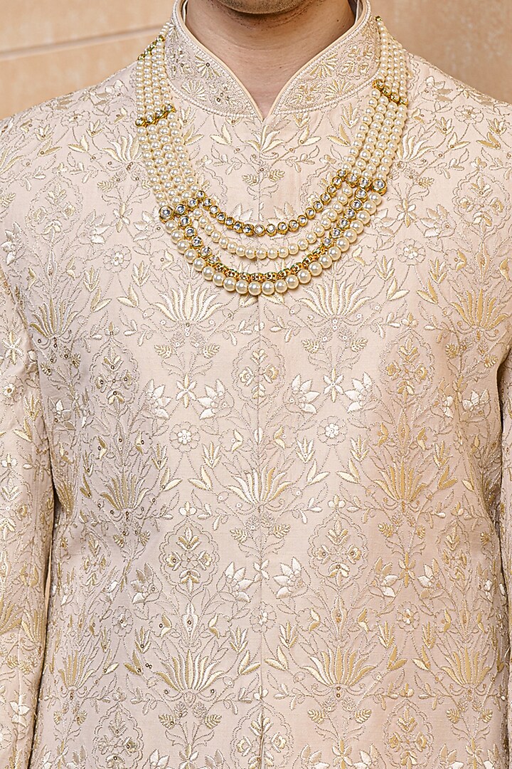 Gold Polyester Viscose Blend Embroidered Wedding Sherwani Set by TASVA at Pernia's Pop Up Shop