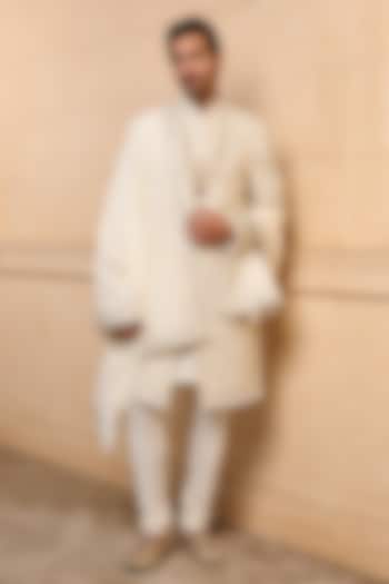 Ivory Viscose Embroidered Wedding Sherwani Set by TASVA at Pernia's Pop Up Shop
