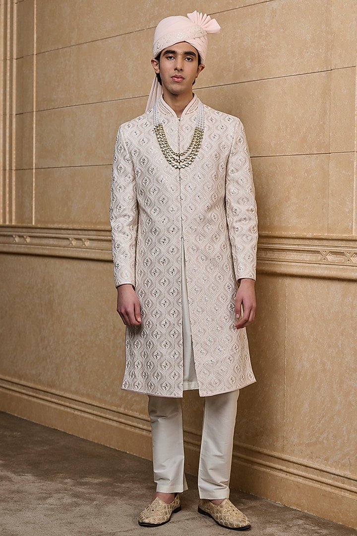 Pink Viscose Embroidered Wedding Sherwani Set by TASVA at Pernia's Pop Up Shop