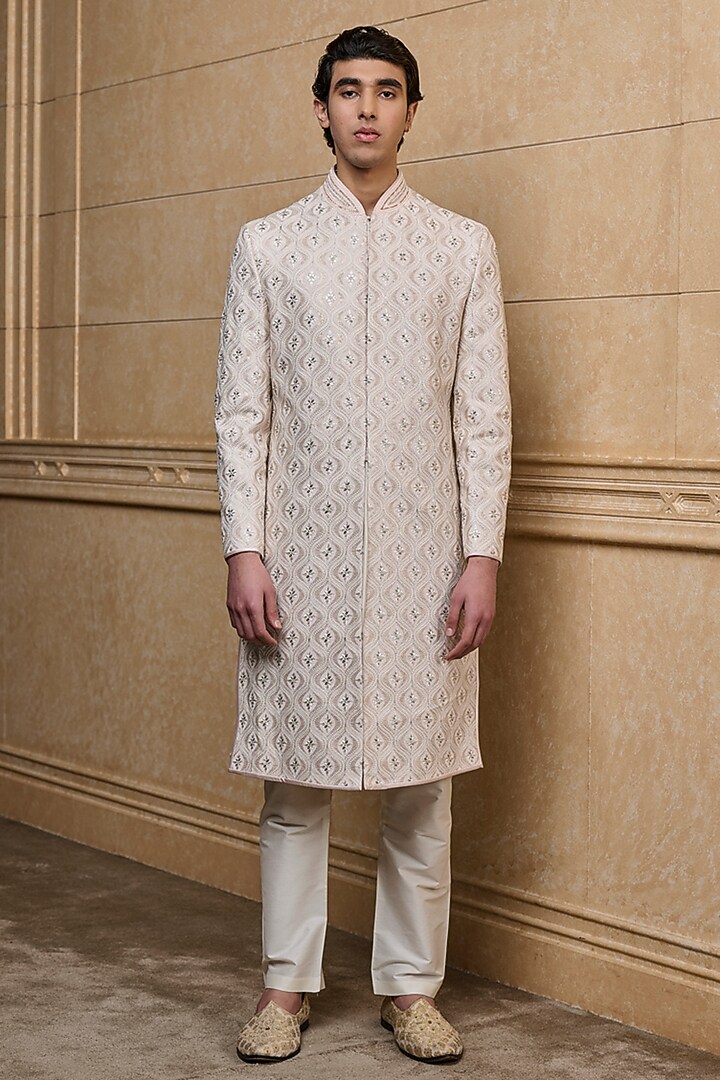 Pink Viscose Embroidered Wedding Sherwani Set by TASVA at Pernia's Pop Up Shop