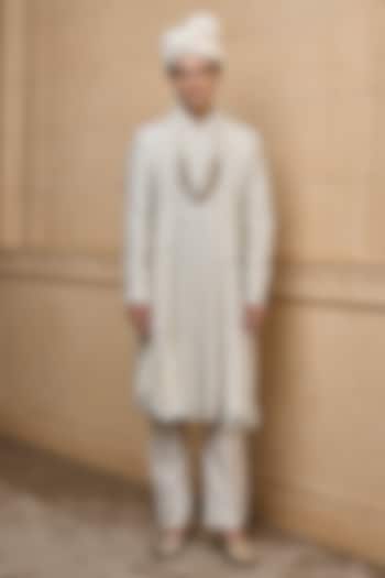 Ivory Viscose & Polyester Embroidered Wedding Sherwani Set by TASVA at Pernia's Pop Up Shop