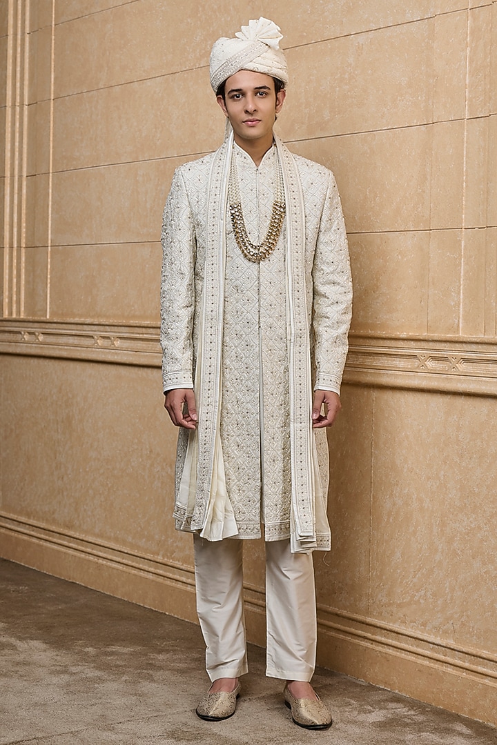 Ivory Viscose & Polyester Embroidered Wedding Sherwani Set by TASVA at Pernia's Pop Up Shop