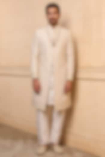 Gold Polyester Viscose Blend Embroidered Wedding Sherwani Set by TASVA at Pernia's Pop Up Shop