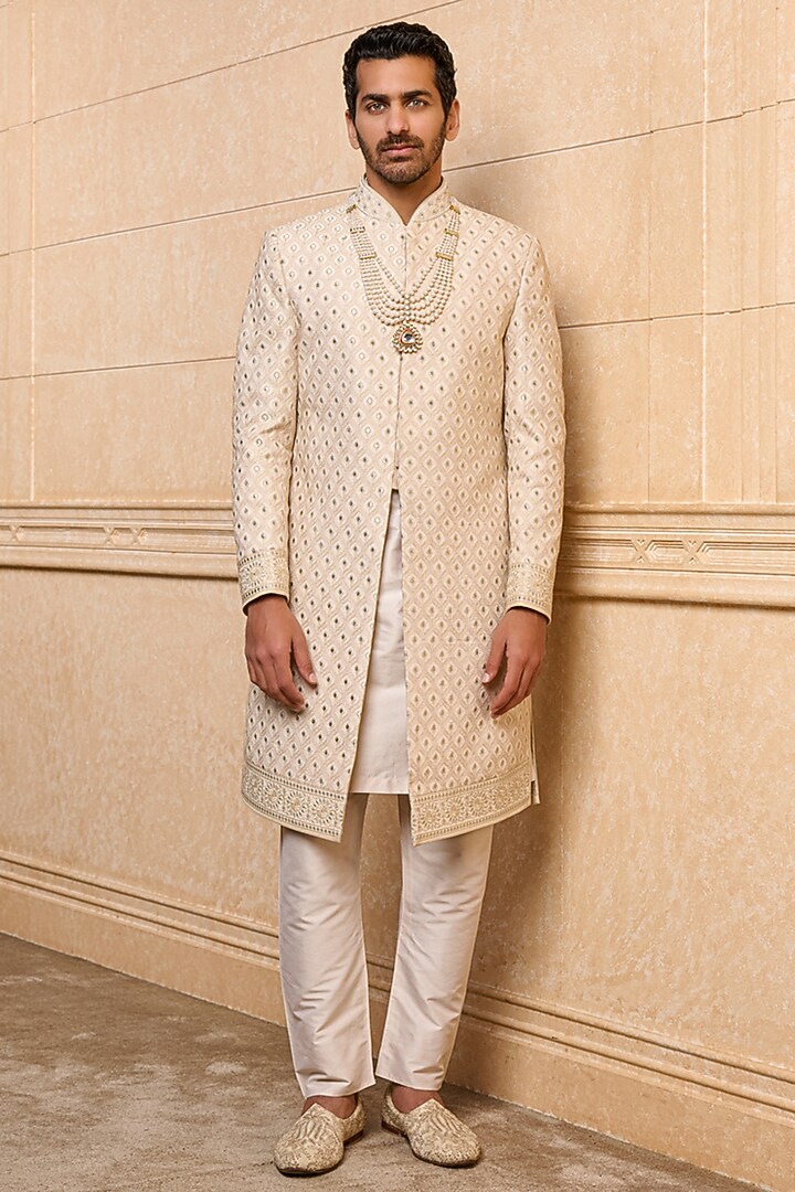 Gold Polyester Viscose Blend Embroidered Wedding Sherwani Set by TASVA at Pernia's Pop Up Shop