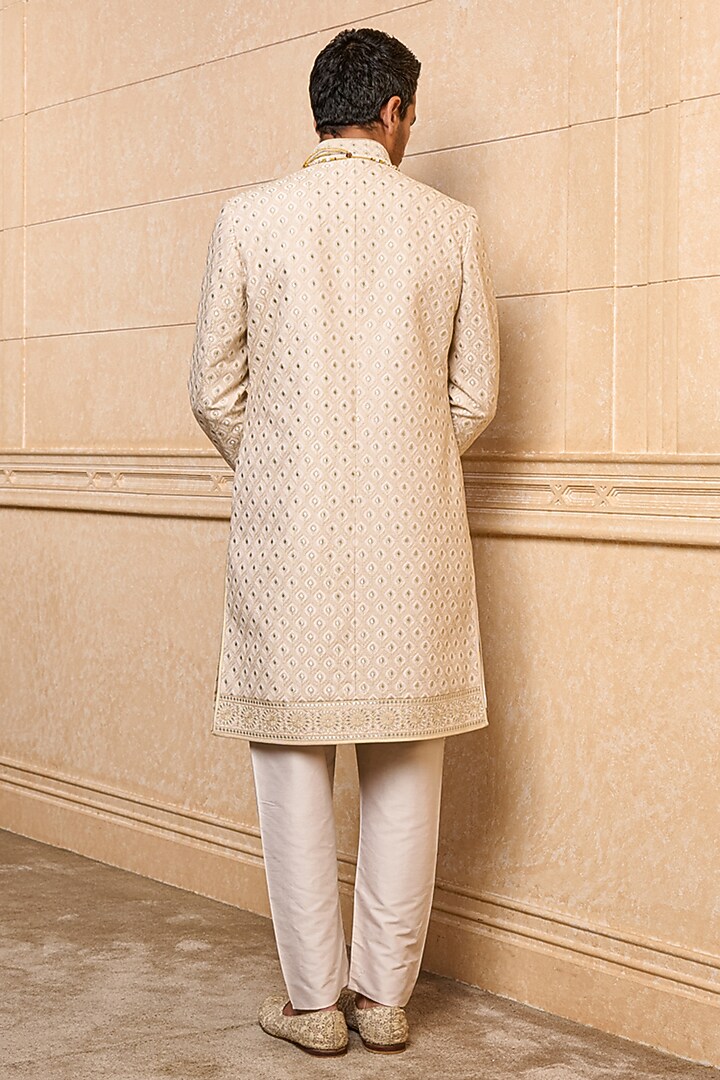 Gold Polyester Viscose Blend Embroidered Wedding Sherwani Set by TASVA at Pernia's Pop Up Shop