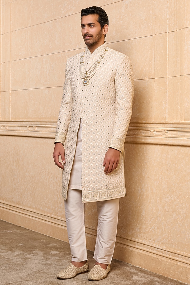Gold Polyester Viscose Blend Embroidered Wedding Sherwani Set by TASVA at Pernia's Pop Up Shop