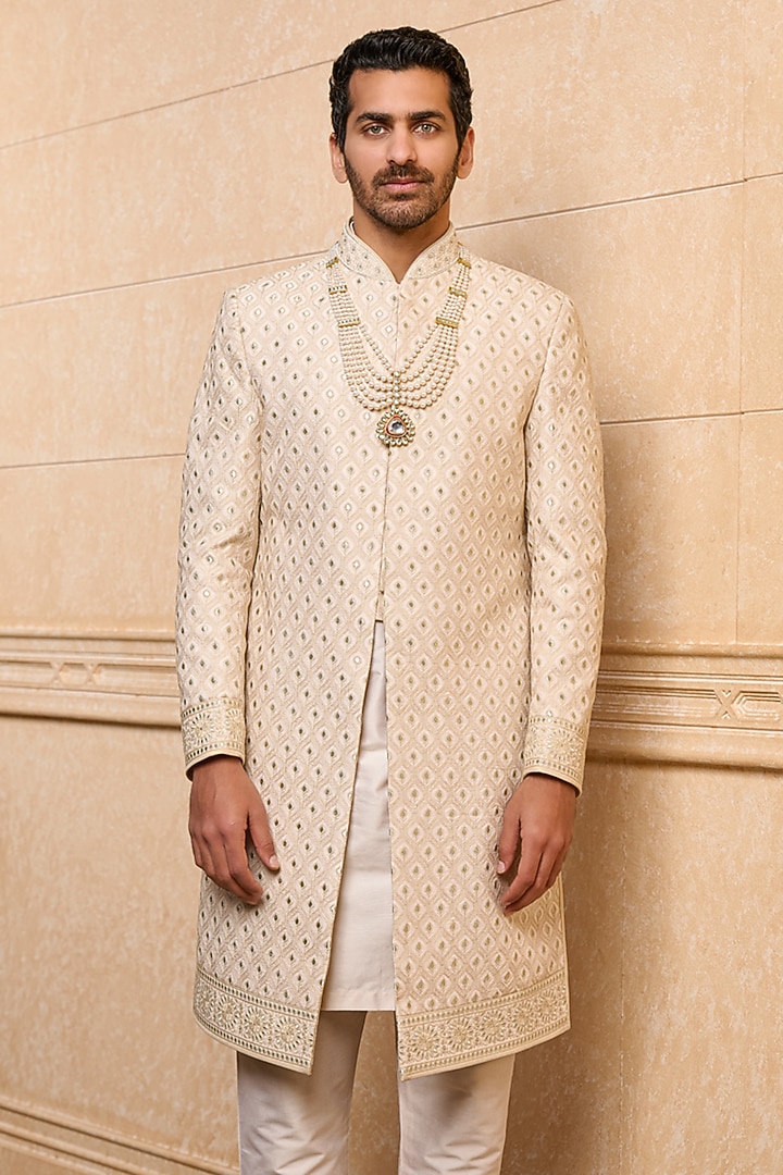 Gold Polyester Viscose Blend Embroidered Wedding Sherwani Set by TASVA at Pernia's Pop Up Shop