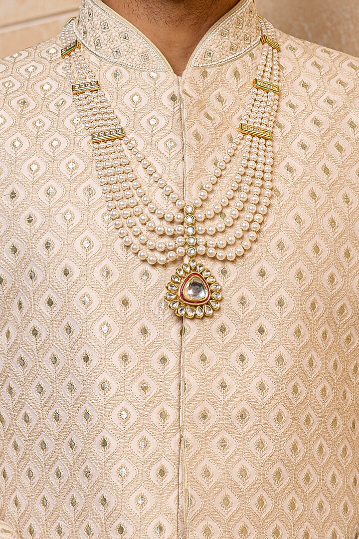 Gold Polyester Viscose Blend Embroidered Wedding Sherwani Set by TASVA at Pernia's Pop Up Shop