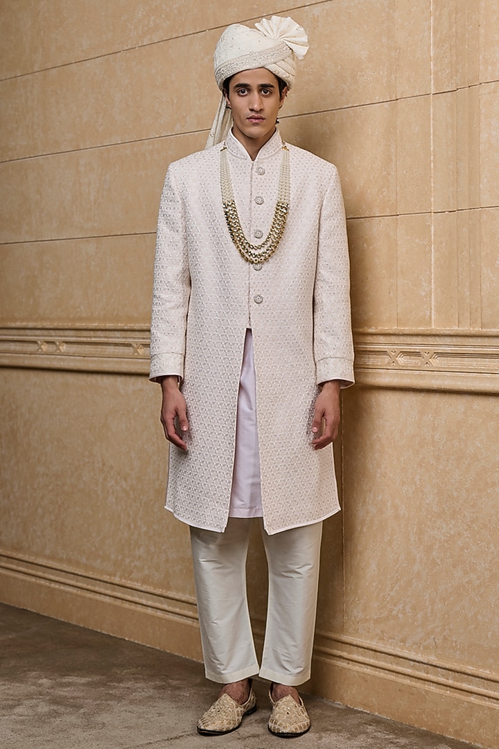 Pink Viscose Embroidered Wedding Sherwani Set by TASVA at Pernia's Pop Up Shop
