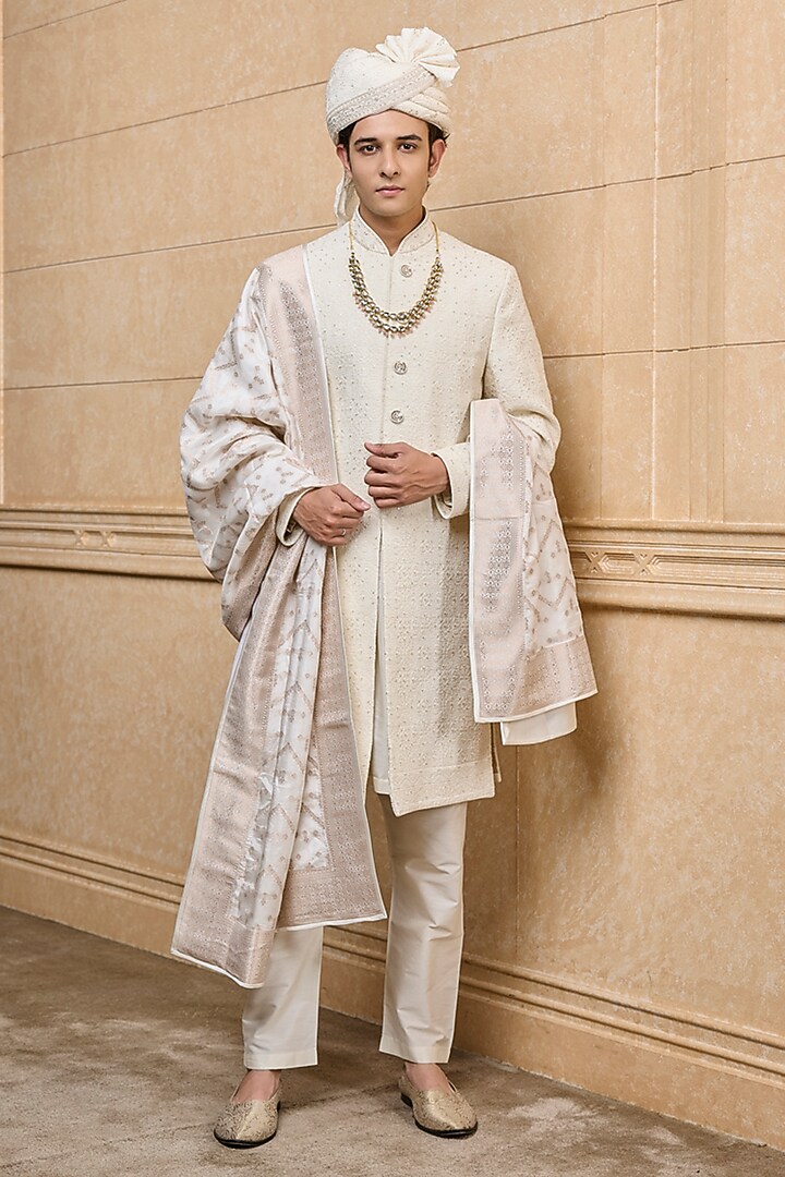Ivory Viscose Embroidered Wedding Sherwani Set by TASVA at Pernia's Pop Up Shop