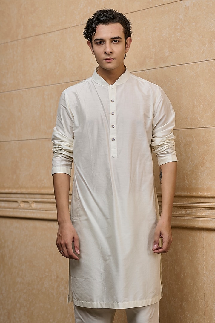 Ivory Viscose Embroidered Wedding Sherwani Set by TASVA at Pernia's Pop Up Shop