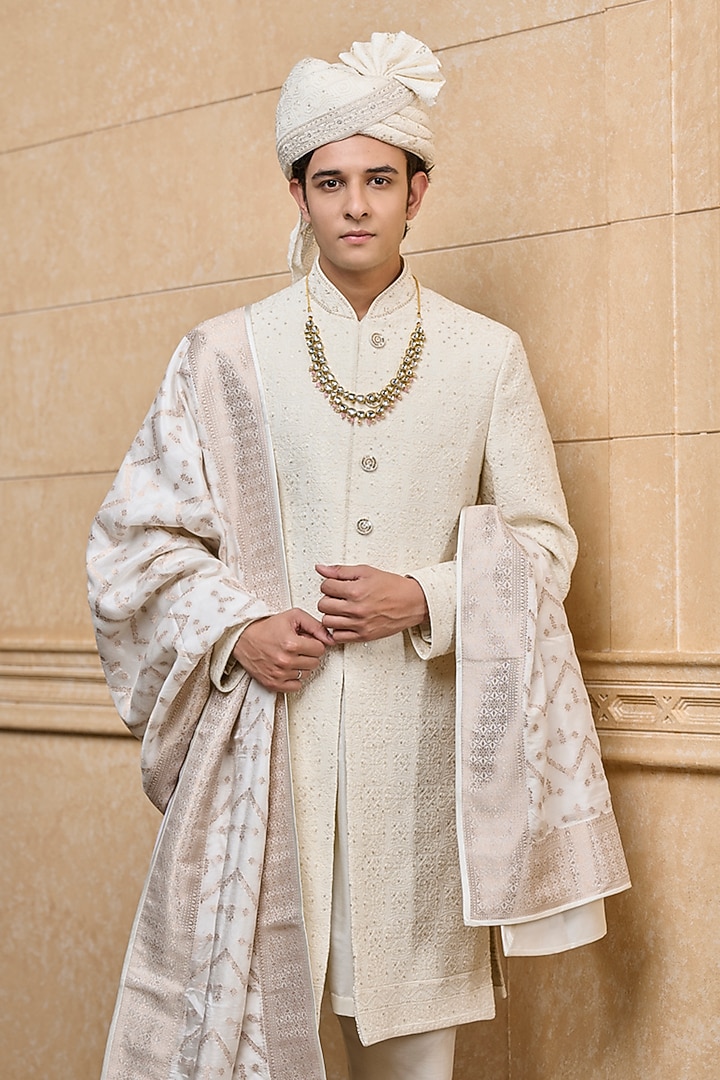 Ivory Viscose Embroidered Wedding Sherwani Set by TASVA at Pernia's Pop Up Shop