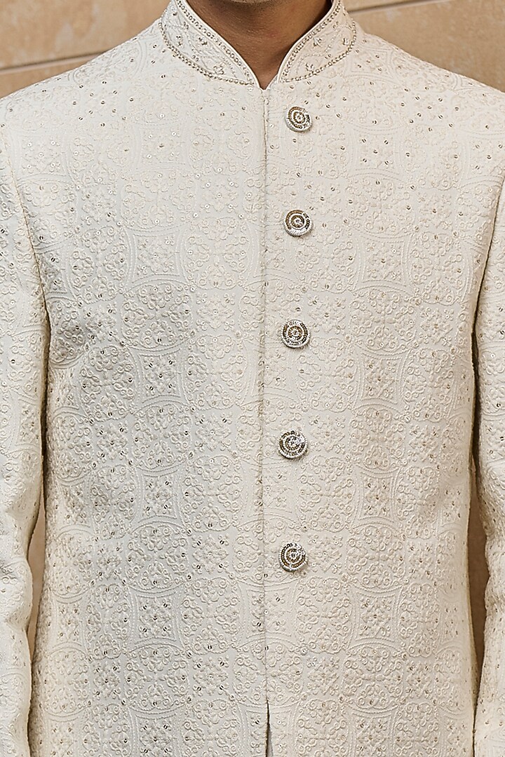 Ivory Viscose Embroidered Wedding Sherwani Set by TASVA at Pernia's Pop Up Shop