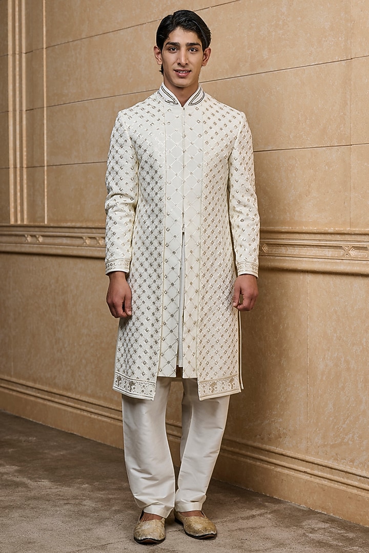Ivory Viscose Embroidered Wedding Sherwani Set by TASVA at Pernia's Pop Up Shop
