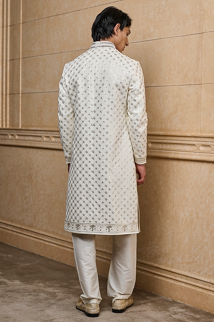 Ivory Viscose Embroidered Wedding Sherwani Set by TASVA at Pernia's Pop Up Shop