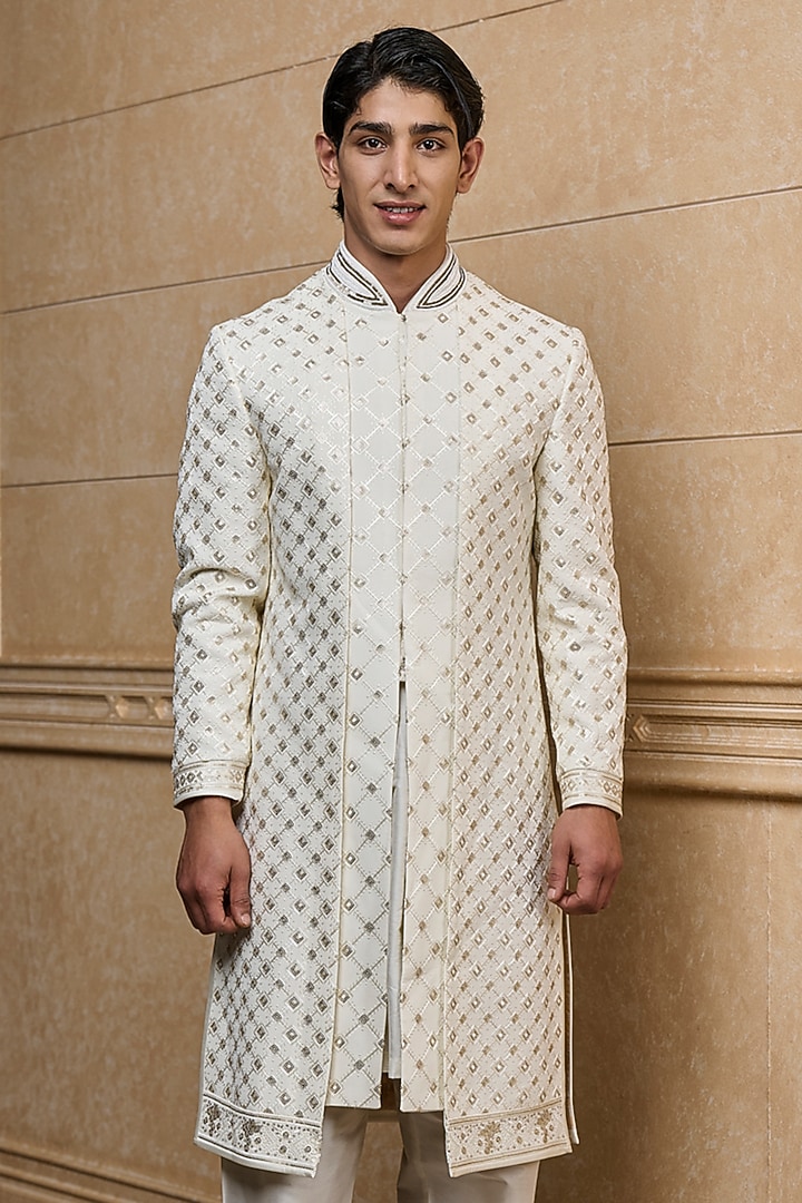 Ivory Viscose Embroidered Wedding Sherwani Set by TASVA at Pernia's Pop Up Shop