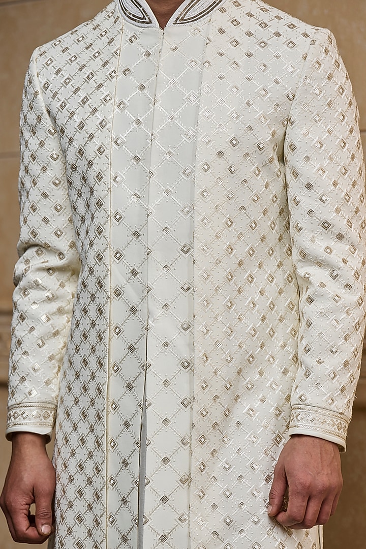 Ivory Viscose Embroidered Wedding Sherwani Set by TASVA at Pernia's Pop Up Shop