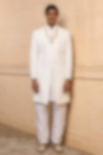White Polyester Viscose Blend Wedding Sherwani Set by TASVA at Pernia's Pop Up Shop