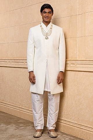 White Polyester Viscose Blend Sherwani Set by TASVA