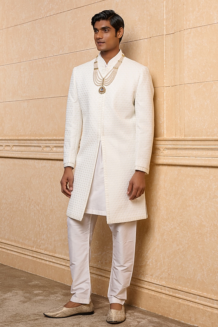 White Polyester Viscose Blend Wedding Sherwani Set by TASVA at Pernia's Pop Up Shop
