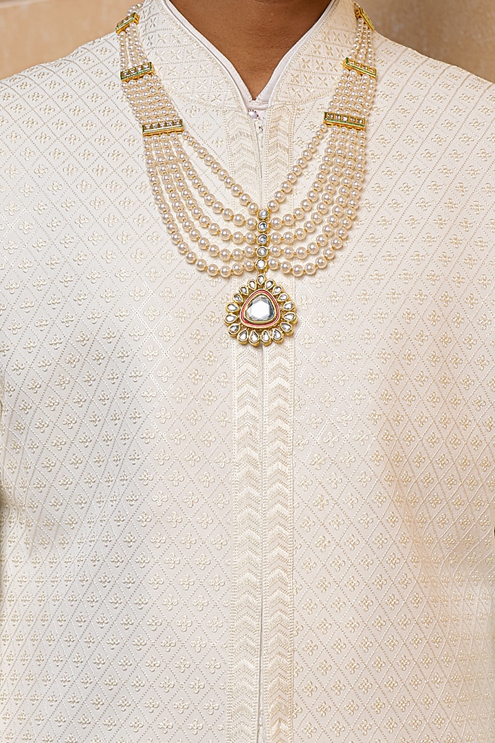 White Polyester Viscose Blend Wedding Sherwani Set by TASVA at Pernia's Pop Up Shop