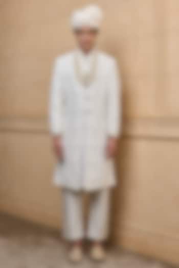 White Viscose Embroidered Wedding Sherwani Set by TASVA at Pernia's Pop Up Shop