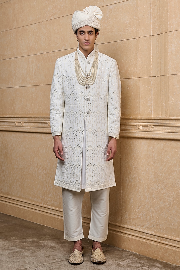 White Viscose Embroidered Wedding Sherwani Set by TASVA at Pernia's Pop Up Shop