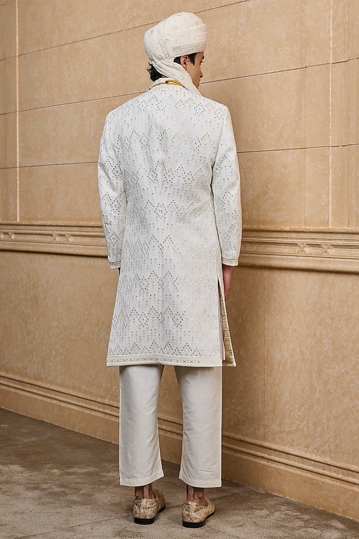 White Viscose Embroidered Wedding Sherwani Set by TASVA at Pernia's Pop Up Shop