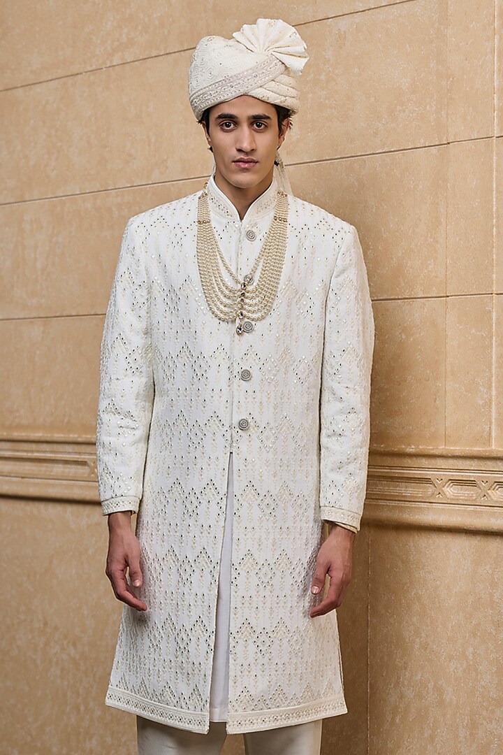 White Viscose Embroidered Wedding Sherwani Set by TASVA at Pernia's Pop Up Shop