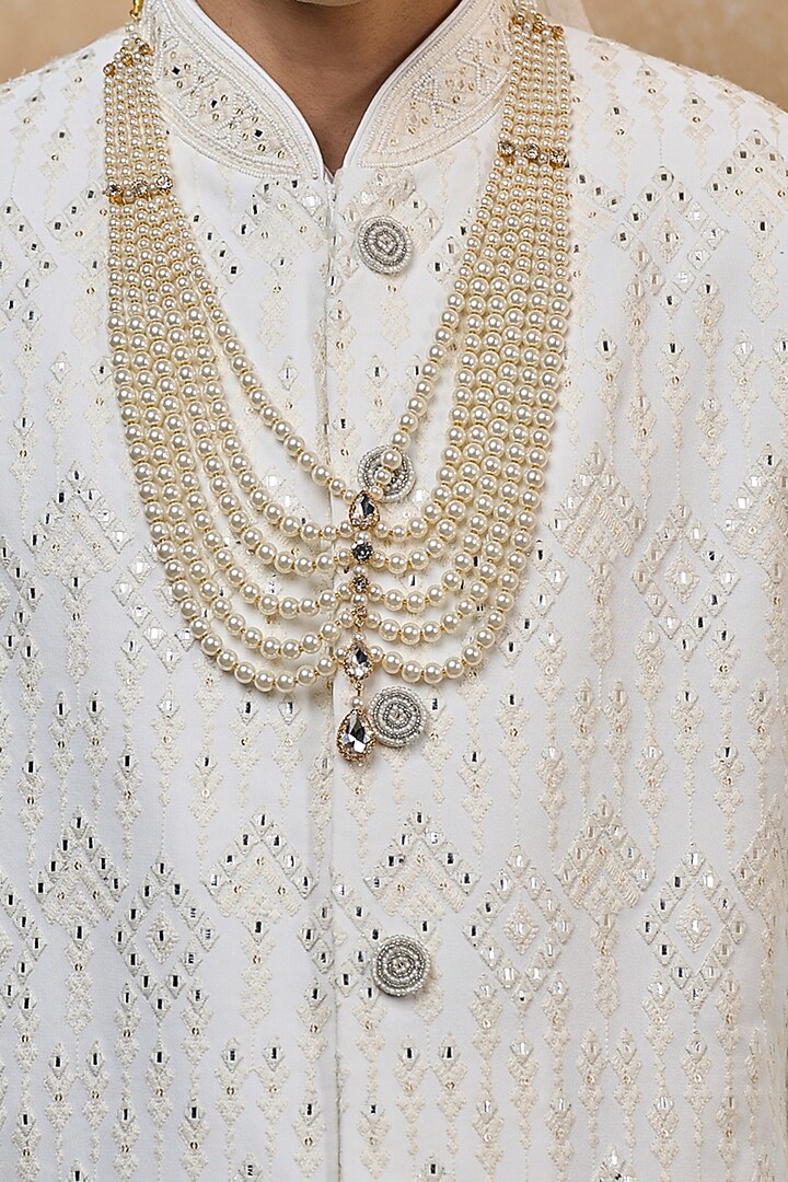 White Viscose Embroidered Wedding Sherwani Set by TASVA at Pernia's Pop Up Shop