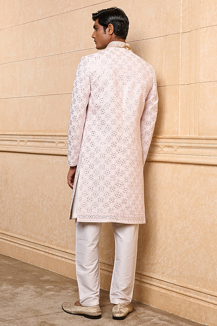 Pink Polyester Viscose Blend Embroidered Wedding Sherwani Set by TASVA at Pernia's Pop Up Shop
