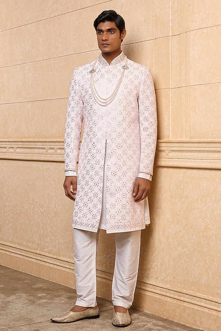 Pink Polyester Viscose Blend Embroidered Wedding Sherwani Set by TASVA at Pernia's Pop Up Shop