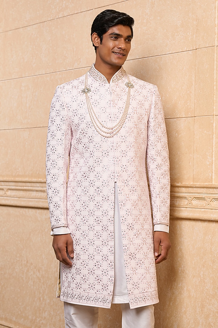 Pink Polyester Viscose Blend Embroidered Wedding Sherwani Set by TASVA at Pernia's Pop Up Shop