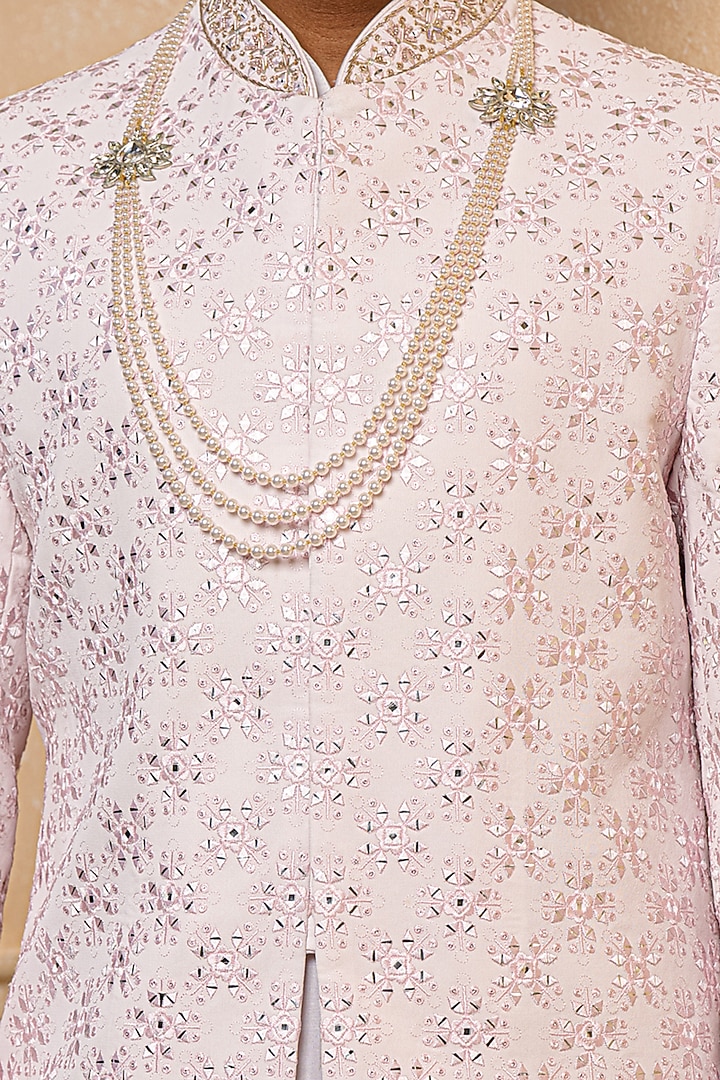 Pink Polyester Viscose Blend Embroidered Wedding Sherwani Set by TASVA at Pernia's Pop Up Shop