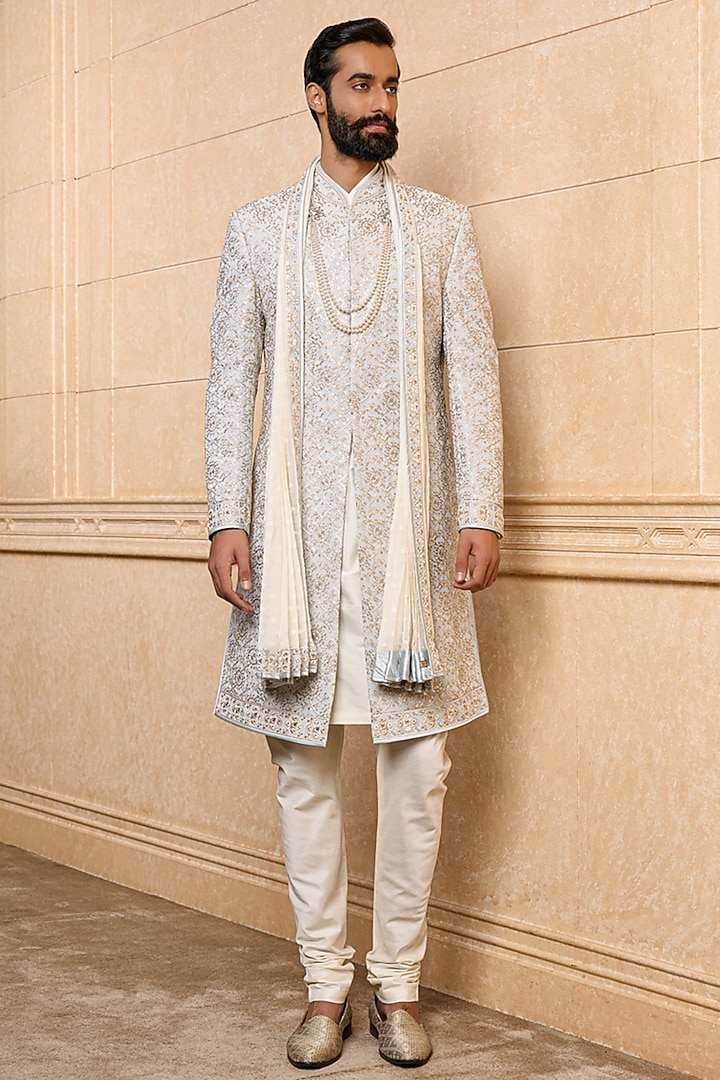 Light Blue Georgette Embroidered Wedding Sherwani Set by TASVA at Pernia's Pop Up Shop