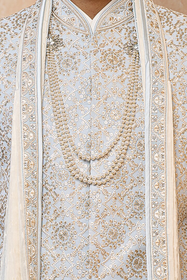 Light Blue Georgette Embroidered Wedding Sherwani Set by TASVA at Pernia's Pop Up Shop