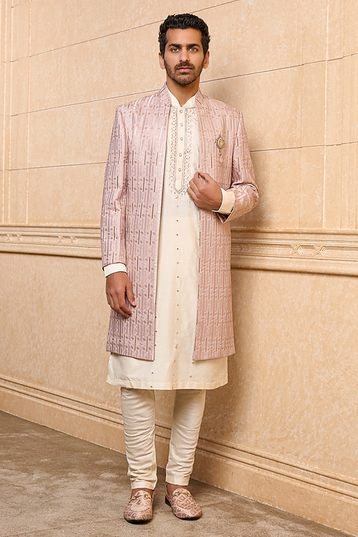 Pink Polyester Viscose Blend Embroidered Wedding Sherwani Set by TASVA at Pernia's Pop Up Shop